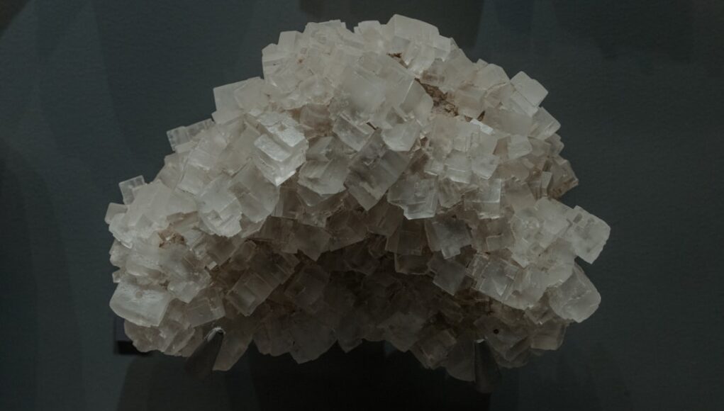 A cluster of salt crystals in focus.