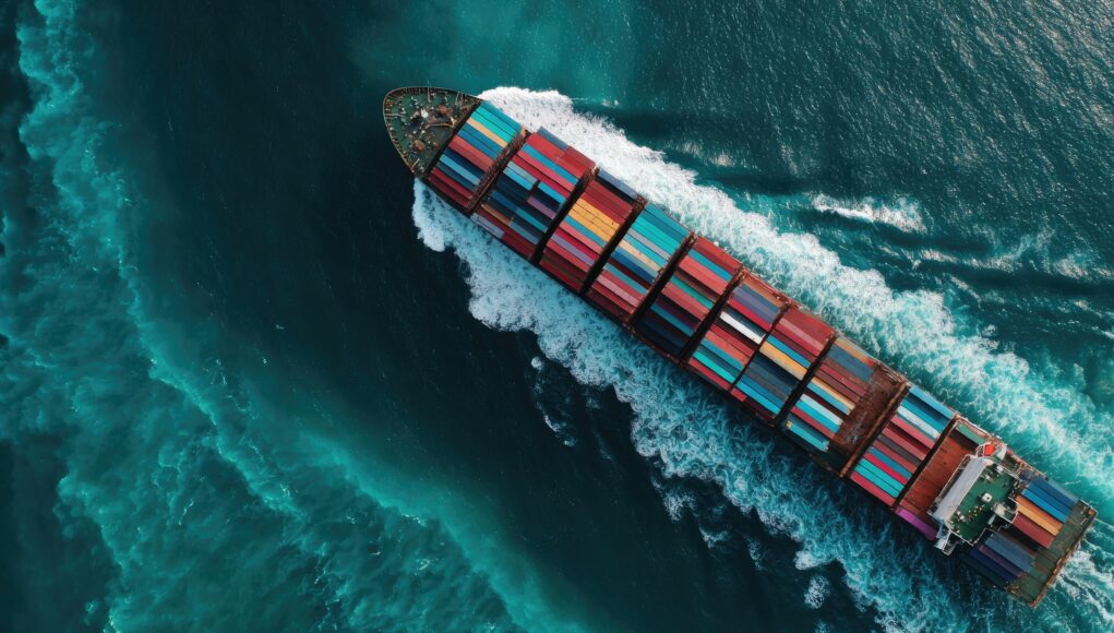 High-angle view of a cargo ship navigating a teal-colored ocean