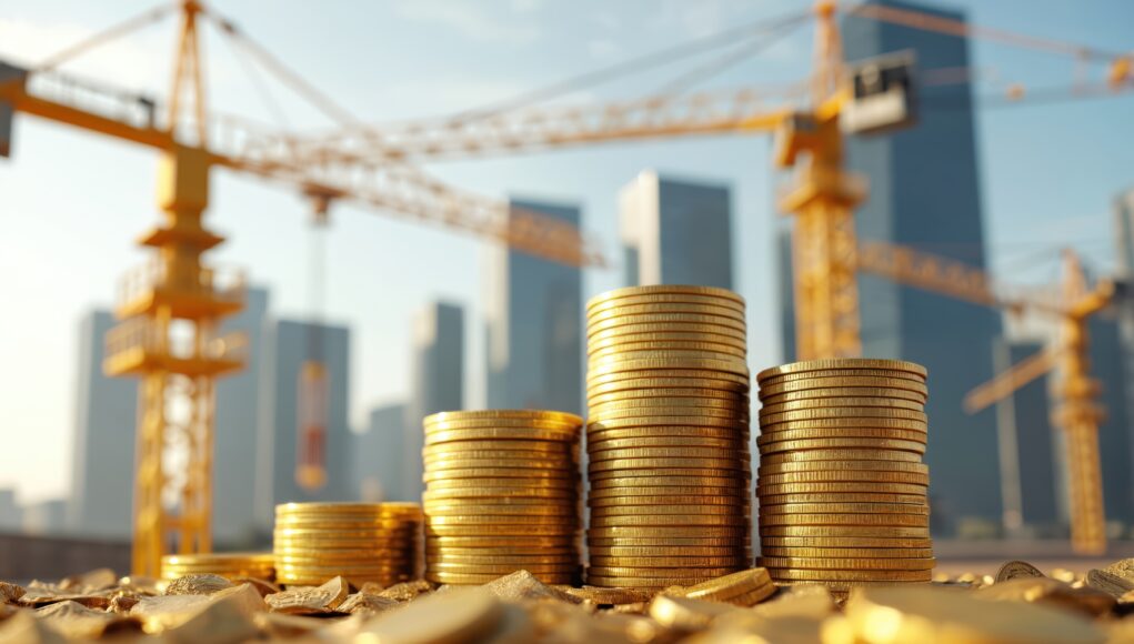 Stacks of gold coins in front of construction site with cranes and modern skyscrapers. Represents high building costs, financial investment, and economic growth in urban development.