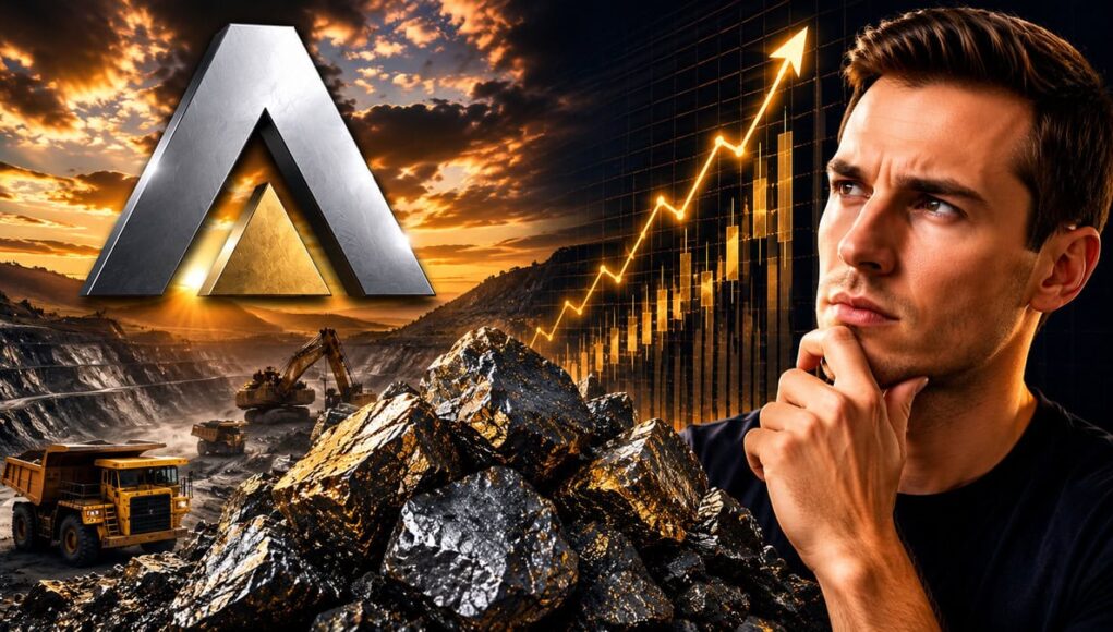 Almonty-Aktie-Sehen-Analysten-jetzt-eine-Kaufchance.jpeg Man contemplating a mining operation with excavation equipment and an upward-trending chart, symbolizing investment growth in mining.