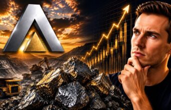 Almonty-Aktie: Sehen Analysten jetzt eine Kaufchance? Man contemplating a mining operation with excavation equipment and an upward-trending chart, symbolizing investment growth in mining.