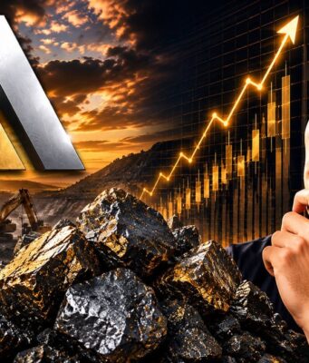 Almonty-Aktie: Sehen Analysten jetzt eine Kaufchance? Man contemplating a mining operation with excavation equipment and an upward-trending chart, symbolizing investment growth in mining.