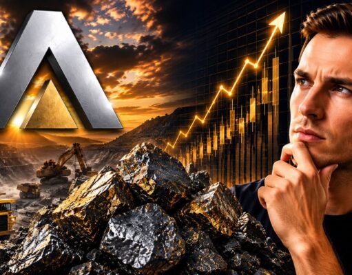Almonty-Aktie: Sehen Analysten jetzt eine Kaufchance? Man contemplating a mining operation with excavation equipment and an upward-trending chart, symbolizing investment growth in mining.