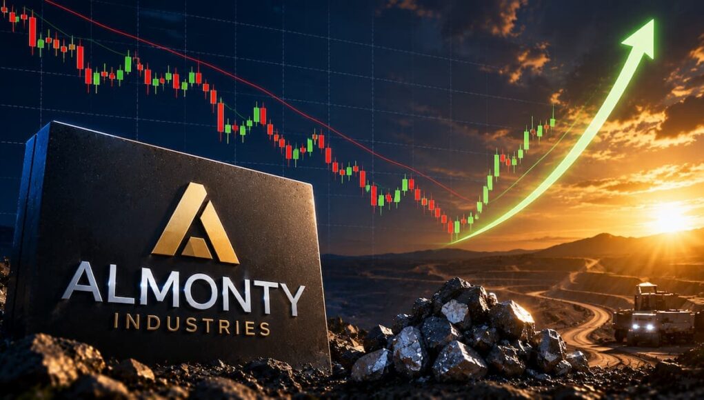 Almonty Industries sign on rocky ground with a mining site at sunset and a rising stock chart arrow in the background, symbolizing growth.