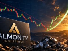 Almonty-Aktie mit +22% – ist die Korrektur beendet? Almonty Industries sign on rocky ground with a mining site at sunset and a rising stock chart arrow in the background, symbolizing growth.