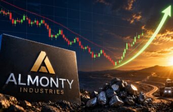 Almonty-Aktie mit +22% – ist die Korrektur beendet? Almonty Industries sign on rocky ground with a mining site at sunset and a rising stock chart arrow in the background, symbolizing growth.