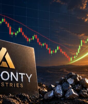 Almonty-Aktie mit +22% – ist die Korrektur beendet? Almonty Industries sign on rocky ground with a mining site at sunset and a rising stock chart arrow in the background, symbolizing growth.