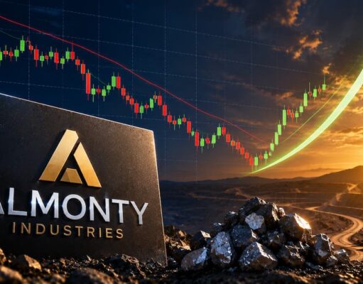 Almonty-Aktie mit +22% – ist die Korrektur beendet? Almonty Industries sign on rocky ground with a mining site at sunset and a rising stock chart arrow in the background, symbolizing growth.