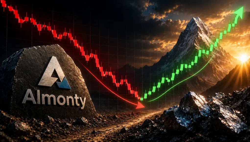 Rock with the Almonty logo in a rugged landscape; a red downward stock line turns into a green upward trend over mountains at sunset.