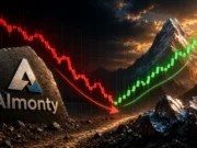 Almonty-Aktie mit -44% – erst Korrektur, dann Allzeithoch? Rock with the Almonty logo in a rugged landscape; a red downward stock line turns into a green upward trend over mountains at sunset.