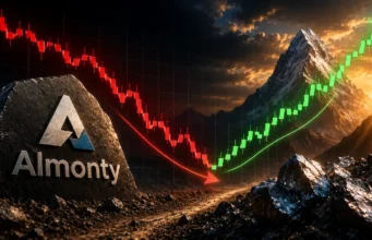 Almonty-Aktie mit -44% – erst Korrektur, dann Allzeithoch? Rock with the Almonty logo in a rugged landscape; a red downward stock line turns into a green upward trend over mountains at sunset.