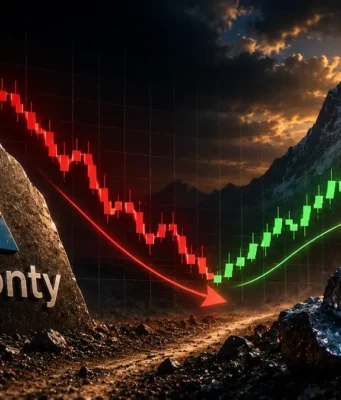 Almonty-Aktie mit -44% – erst Korrektur, dann Allzeithoch? Rock with the Almonty logo in a rugged landscape; a red downward stock line turns into a green upward trend over mountains at sunset.