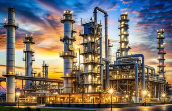 Battalion Oil-Aktie +13,92%: Bullischer Wochenauftakt Industrial refinery complex at sunset with tall distillation columns and bright exterior lights.
