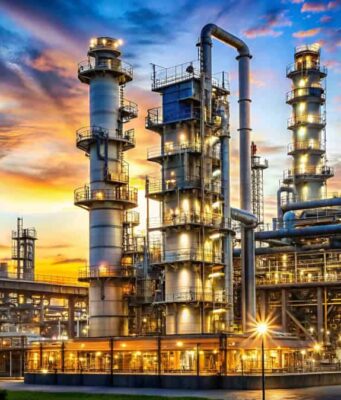 Battalion Oil-Aktie +13,92%: Bullischer Wochenauftakt Industrial refinery complex at sunset with tall distillation columns and bright exterior lights.