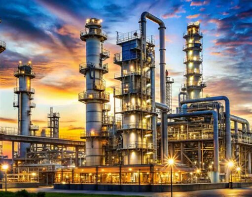 Battalion Oil-Aktie +13,92%: Bullischer Wochenauftakt Industrial refinery complex at sunset with tall distillation columns and bright exterior lights.