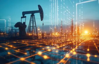 Europas Börsen: Jetzt profitieren von Öl und KI-Boom Oil pump jack in an industrial field at dusk with glowing orange digital network lines overlaying the scene, symbolizing energy connectivity.