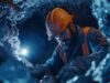 First Majestic Silver-Aktie: Nach -50% jetzt kaufenswert? Male miner in an orange hard hat and safety vest crawls through a dark underground tunnel with a headlamp