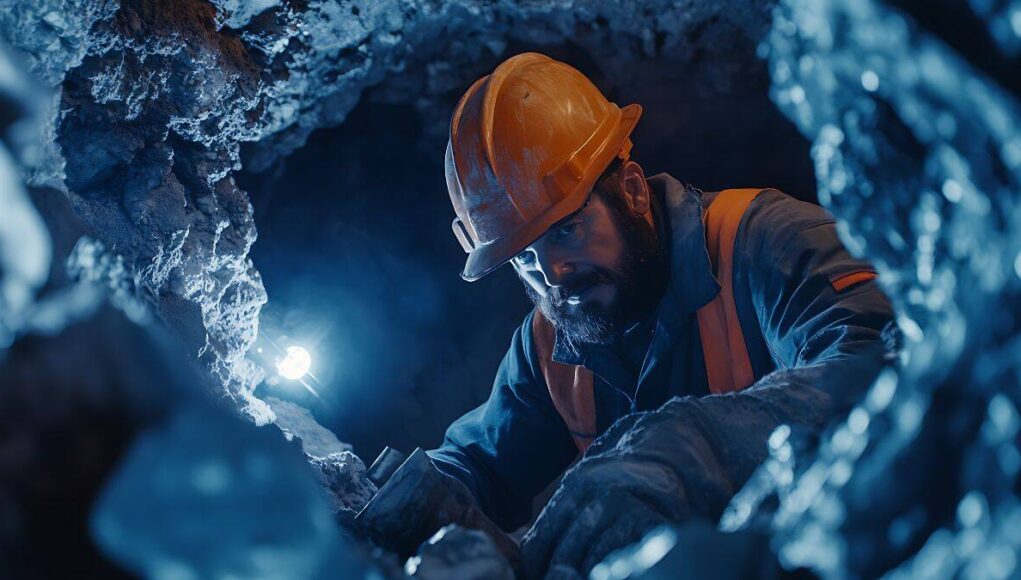 Male miner in an orange hard hat and safety vest crawls through a dark underground tunnel with a headlamp