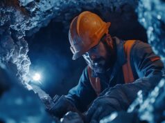 First Majestic Silver-Aktie: Nach -50% jetzt kaufenswert? Male miner in an orange hard hat and safety vest crawls through a dark underground tunnel with a headlamp