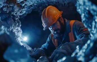 First Majestic Silver-Aktie: Nach -50% jetzt kaufenswert? Male miner in an orange hard hat and safety vest crawls through a dark underground tunnel with a headlamp