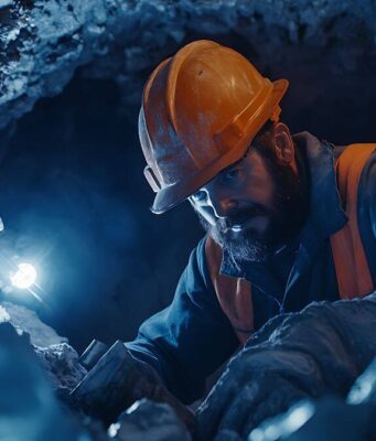 First Majestic Silver-Aktie: Nach -50% jetzt kaufenswert? Male miner in an orange hard hat and safety vest crawls through a dark underground tunnel with a headlamp