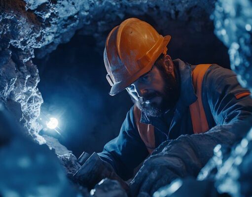 First Majestic Silver-Aktie: Nach -50% jetzt kaufenswert? Male miner in an orange hard hat and safety vest crawls through a dark underground tunnel with a headlamp
