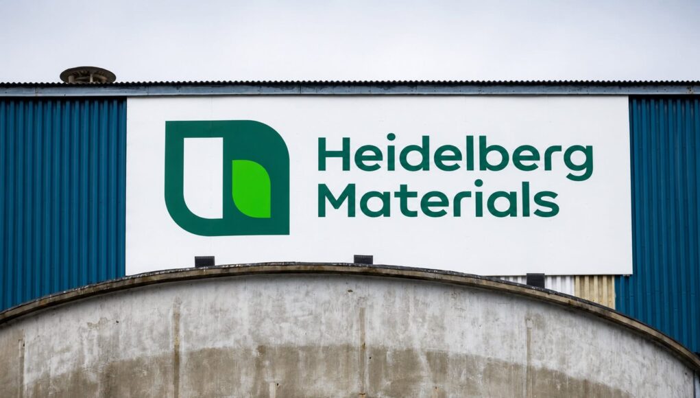 Large Heidelberg Materials sign with green logo on a white panel against a blue industrial building exterior.