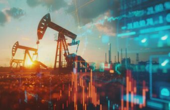 Öl (WTI): Explosiv Richtung 100 US$ und nun Retoure? Oil pump jacks at sunset with translucent financial charts overlaid, signaling energy market data.