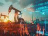 Öl (WTI): Was passiert um 66 US$? Oil pumps at sunset with overlaid stock charts and digital data streams in the foreground and background.