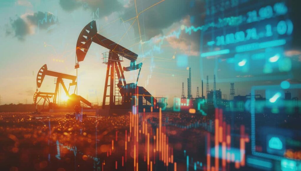 Oel-WTI-Was-passiert-um-66-US.jpeg Oil pumps at sunset with overlaid stock charts and digital data streams in the foreground and background.