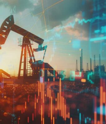 Öl (WTI): Was passiert um 66 US$? Oil pumps at sunset with overlaid stock charts and digital data streams in the foreground and background.