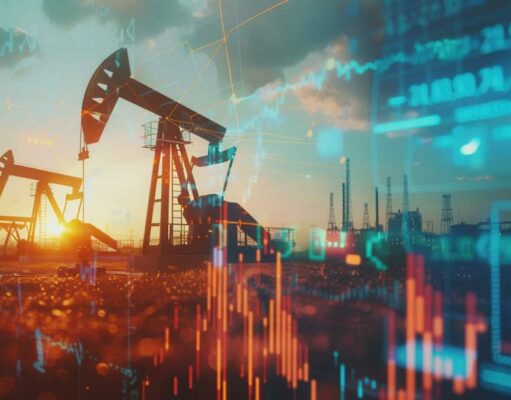 Öl (WTI): Was passiert um 66 US$? Oil pumps at sunset with overlaid stock charts and digital data streams in the foreground and background.