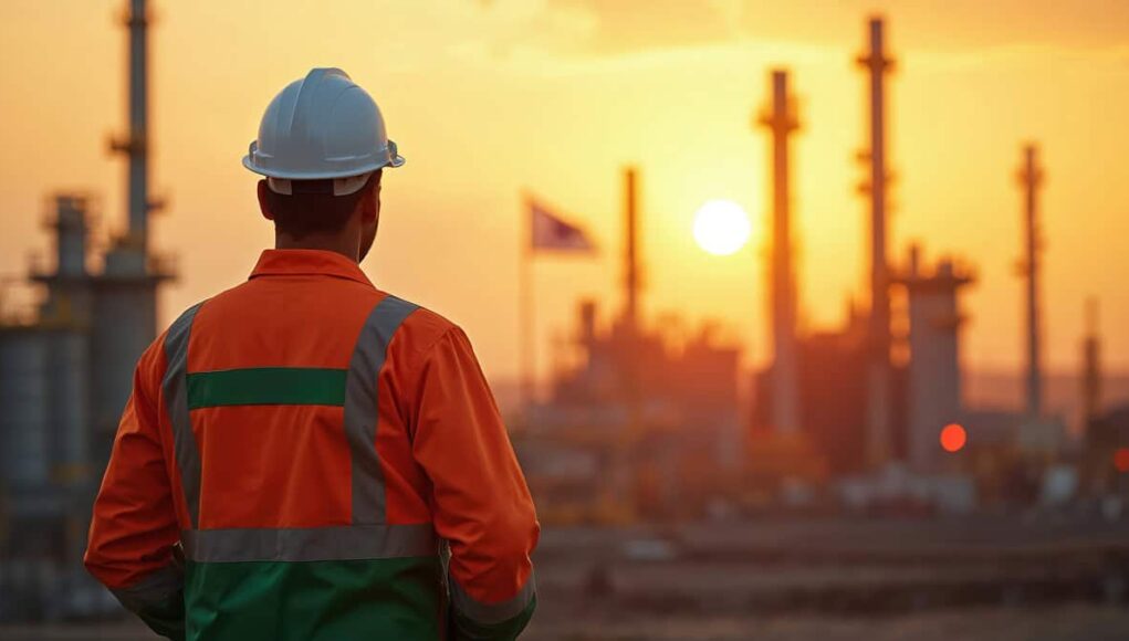 Worker in a hard hat and orange safety vest stands at an oil refinery during sunset, back to camera.