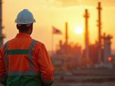 Petrobras-Aktie: Darum könnte 2027 besser werden als erwartet Worker in a hard hat and orange safety vest stands at an oil refinery during sunset, back to camera.