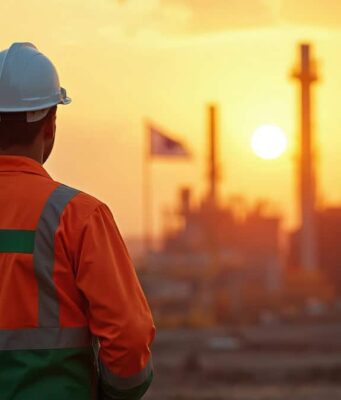 Petrobras-Aktie: Darum könnte 2027 besser werden als erwartet Worker in a hard hat and orange safety vest stands at an oil refinery during sunset, back to camera.