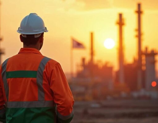 Petrobras-Aktie: Darum könnte 2027 besser werden als erwartet Worker in a hard hat and orange safety vest stands at an oil refinery during sunset, back to camera.