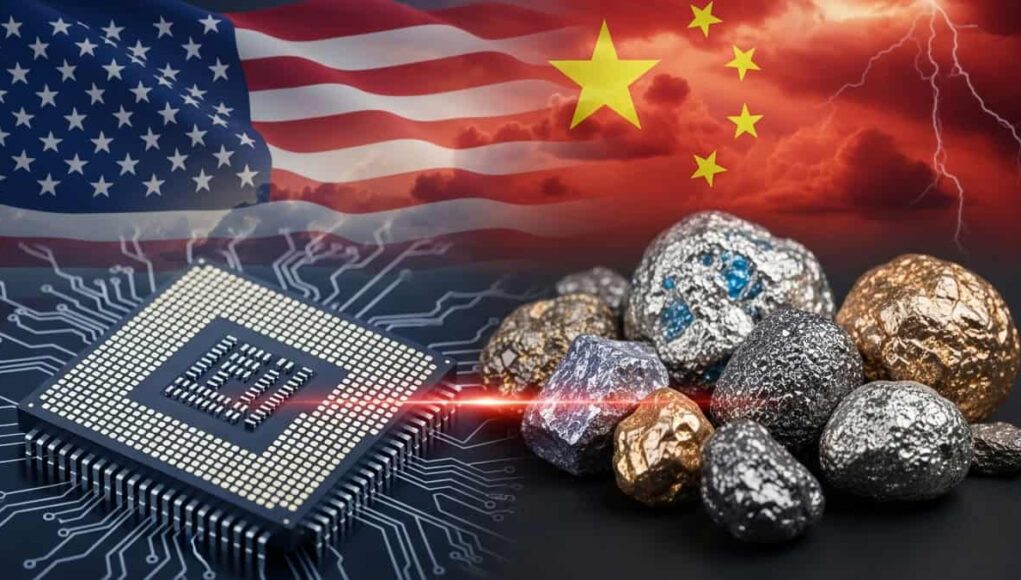 Composite image of the US and China flags with a microprocessor and metallic ore rocks, symbolizing tech and resource rivalry.