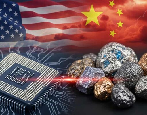 USA Rare Earth-Aktie: Extrem volatil, jetzt ein Kauf? Composite image of the US and China flags with a microprocessor and metallic ore rocks, symbolizing tech and resource rivalry.