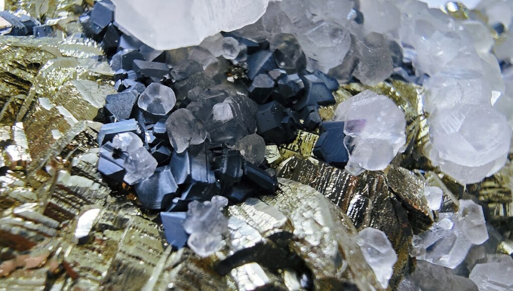 Close-up of metallic minerals and crystals