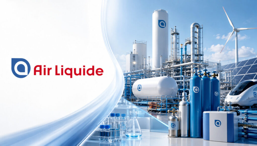 Air Liquide logo on the left with a blue-and-white industrial gas plant featuring tanks, pipes, and a wind turbine in the background.
