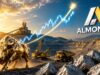Almonty-Aktie +57% – ist der Weg nach oben frei? Golden bull statue at a mining site with excavators and a rising stock chart overlay, plus the Almonty logo in the sky.