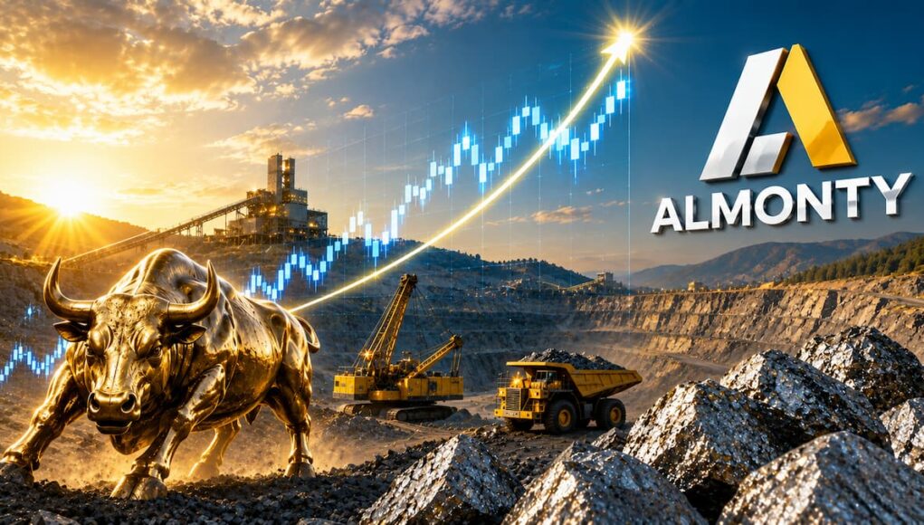 Almonty-Aktie-57-–-ist-der-Weg-nach-oben-frei.jpeg Golden bull statue at a mining site with excavators and a rising stock chart overlay, plus the Almonty logo in the sky.