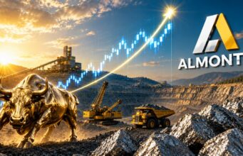 Almonty-Aktie +57% – ist der Weg nach oben frei? Golden bull statue at a mining site with excavators and a rising stock chart overlay, plus the Almonty logo in the sky.