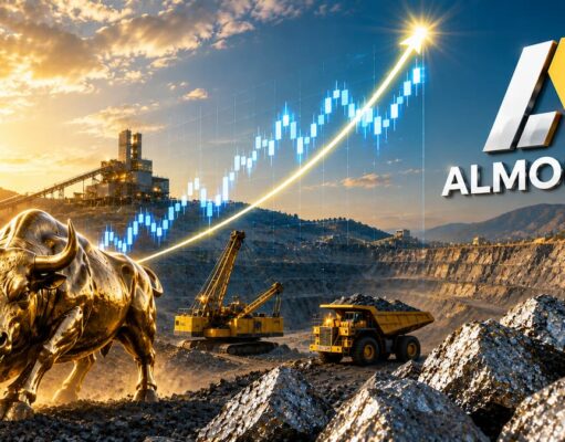 Almonty-Aktie +57% – ist der Weg nach oben frei? Golden bull statue at a mining site with excavators and a rising stock chart overlay, plus the Almonty logo in the sky.