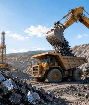 Almonty-Aktie: Diese Rally könnte noch lange nicht vorbei sein Mining site with a large excavator loading rocks into a dump truck under a clear sky, logo in the upper left corner.