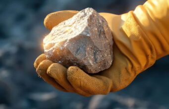 Almonty-Aktie: Ist die Hoffnung auf weitere Kurssteigerungen berechtigt? Gloved hand holding a rough brown rock in a mining or geological setting