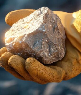 Almonty-Aktie: Ist die Hoffnung auf weitere Kurssteigerungen berechtigt? Gloved hand holding a rough brown rock in a mining or geological setting