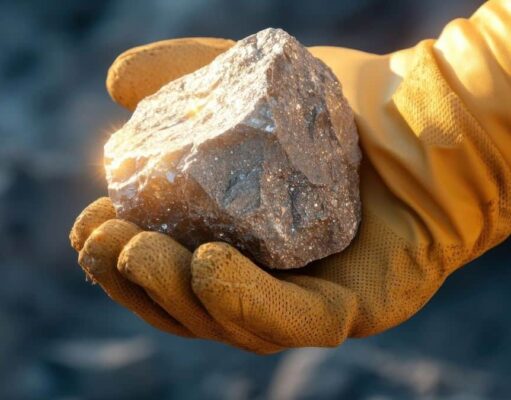 Almonty-Aktie: Ist die Hoffnung auf weitere Kurssteigerungen berechtigt? Gloved hand holding a rough brown rock in a mining or geological setting