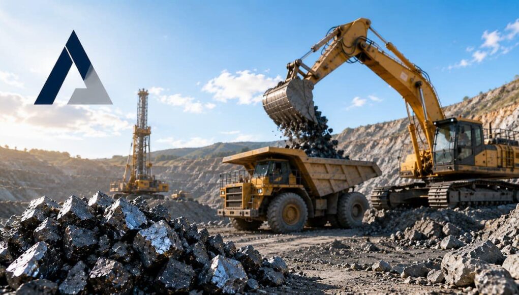 Open-pit mining scene with a yellow excavator dumping rocky material into a large dump truck, under a clear blue sky; a corporate logo appears in the upper-left corner.