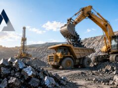 Almonty-Aktie: Neues Jahrestief trotz starkem operativem Geschäft Open-pit mining scene with a yellow excavator dumping rocky material into a large dump truck, under a clear blue sky; a corporate logo appears in the upper-left corner.